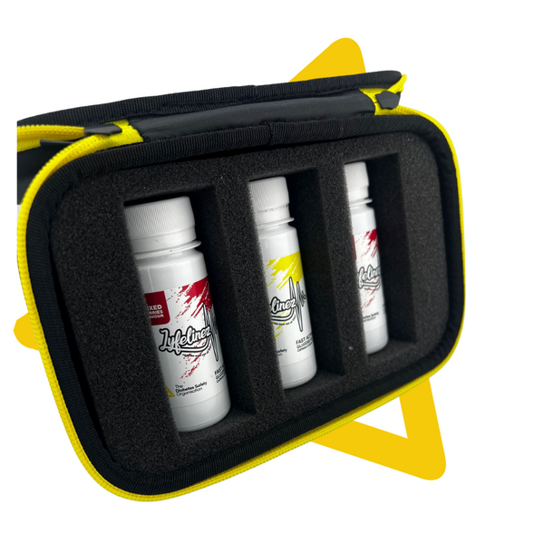 The inside of a life lines diabites kit. Shows the 3 flavours cherry, mango and strawberry.